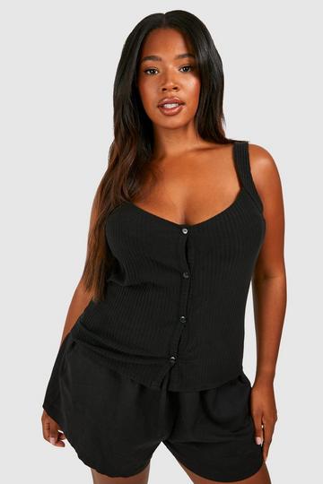 Plus Soft Rib Button Front Fitted Cami Top black