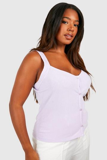 Plus Soft Rib Button Front Fitted Cami Top lilac