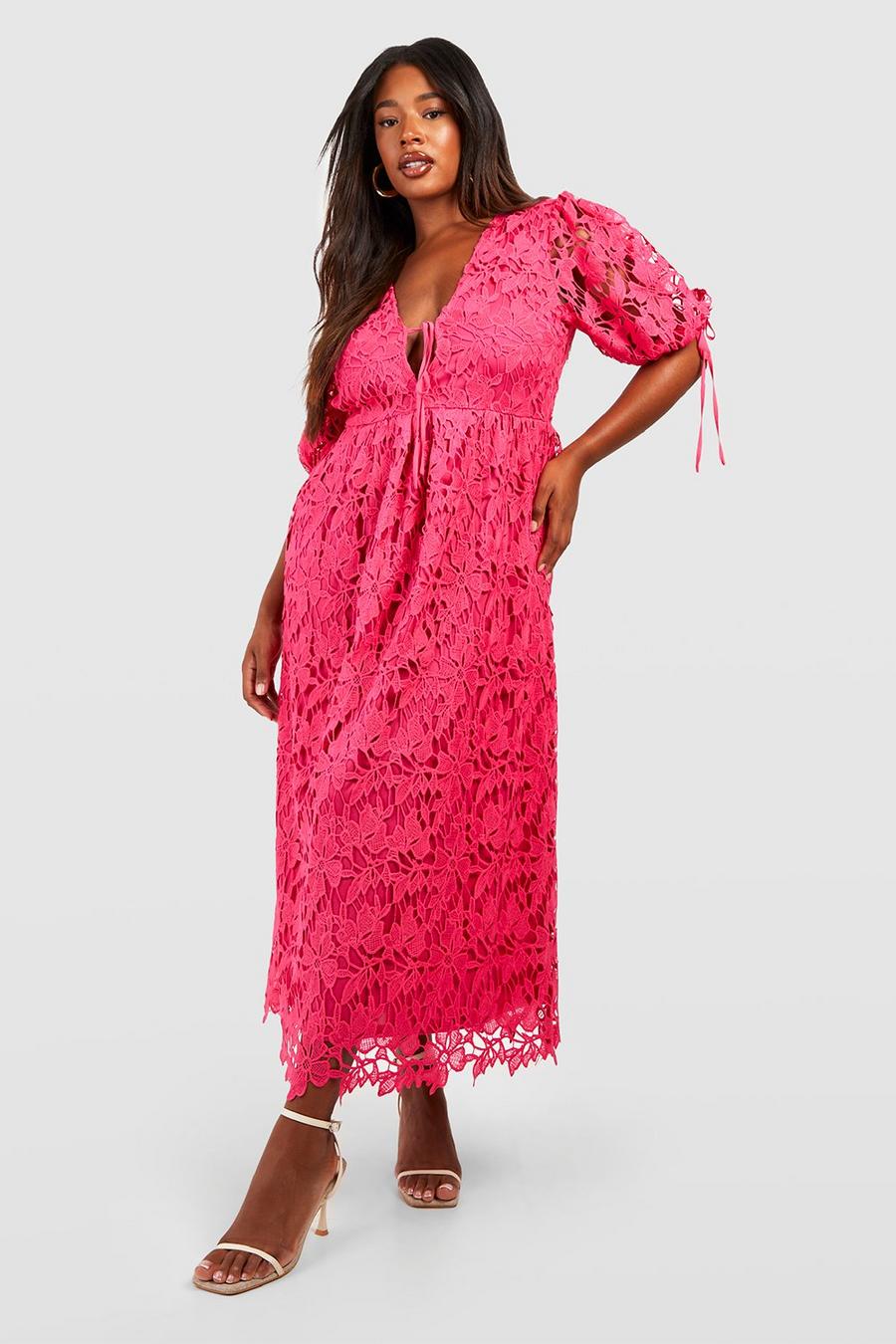 Hot pink Plus Premium Lace Open Back Midi Dress