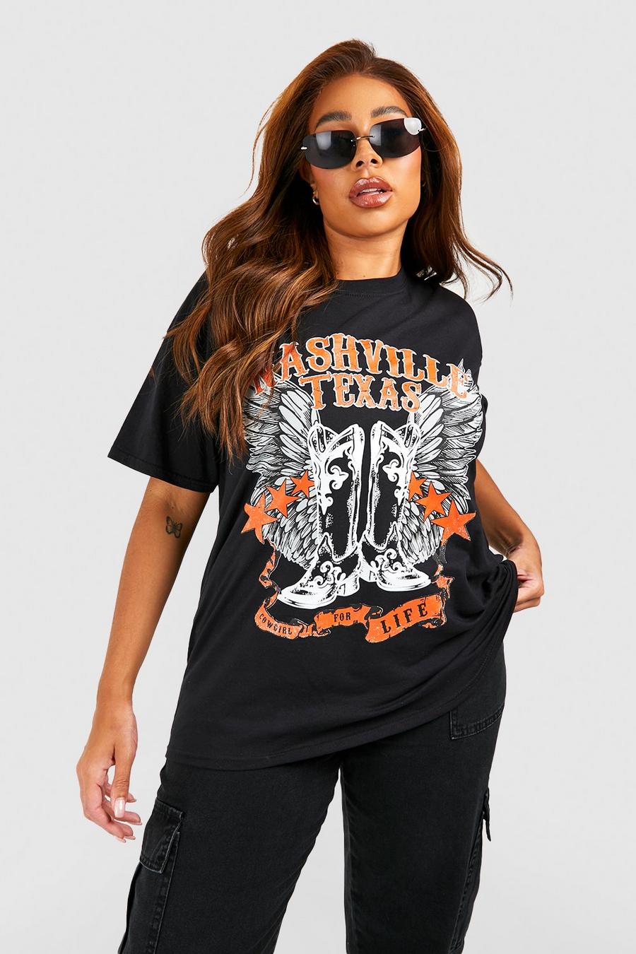 Plus Oversize T-Shirt mit Nashville Print, Black