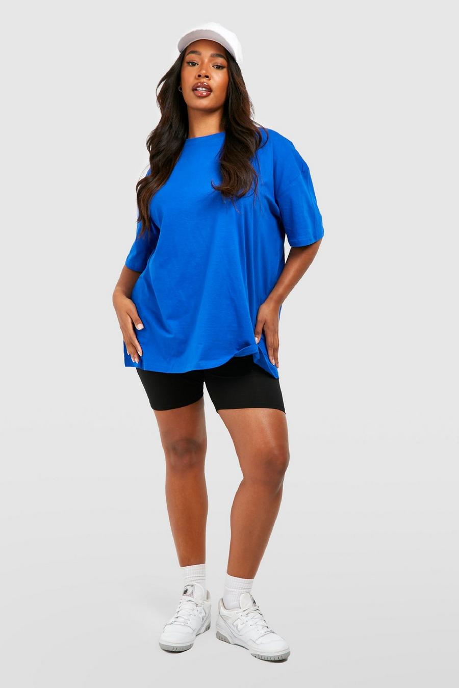Plus Oversize Basic Rundhals T-Shirt aus Baumwolle, Cobalt image number 1