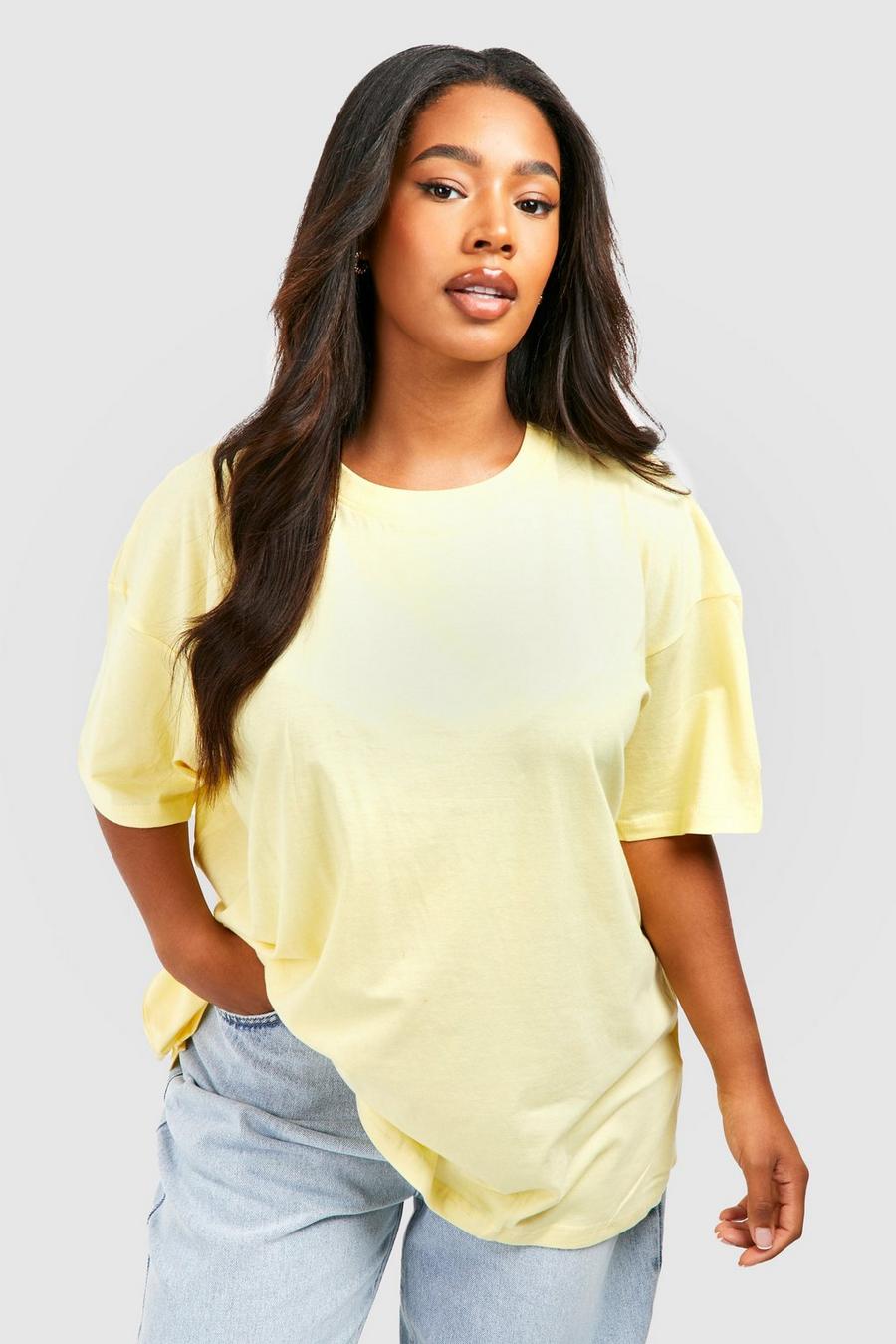 Plus Oversize Basic Rundhals T-Shirt aus Baumwolle, Yellow image number 1