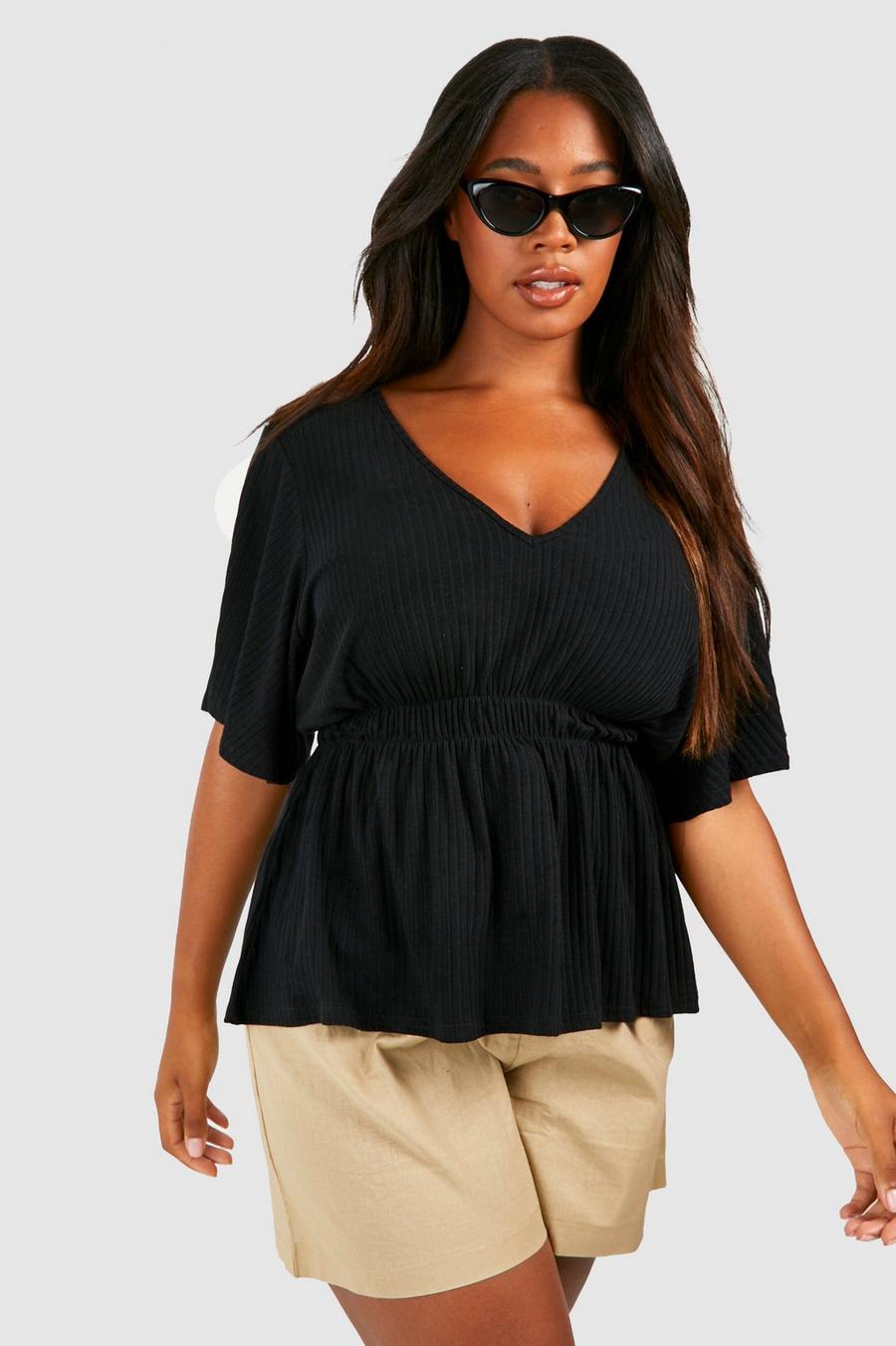 Black Plus Angel Sleeve Soft Rib Peplum Top image number 1