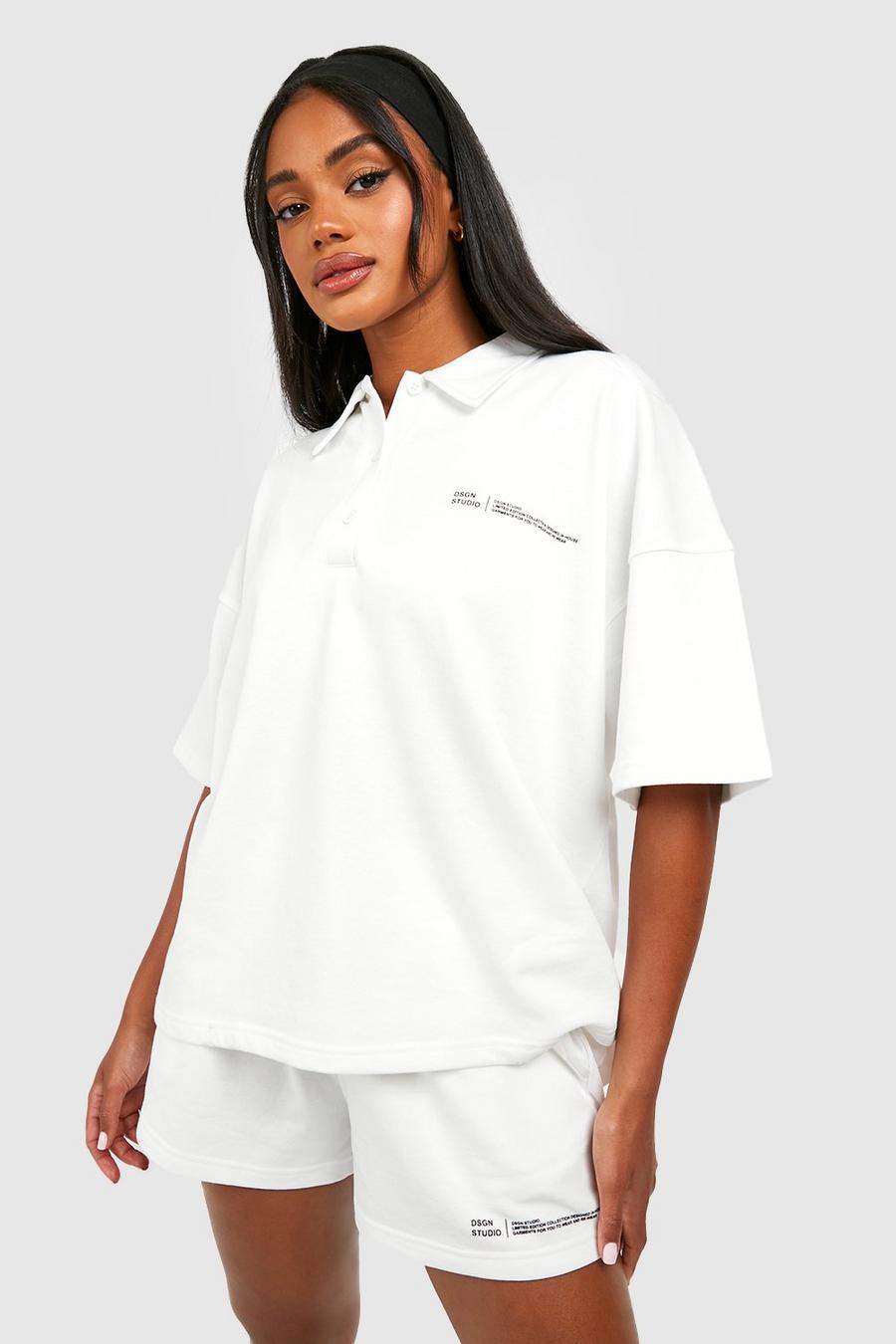 Ecru white Text Print Collared T-shirt And Short Set