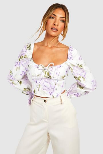 Cream White Floral Volume Sleeve Bengaline Corset