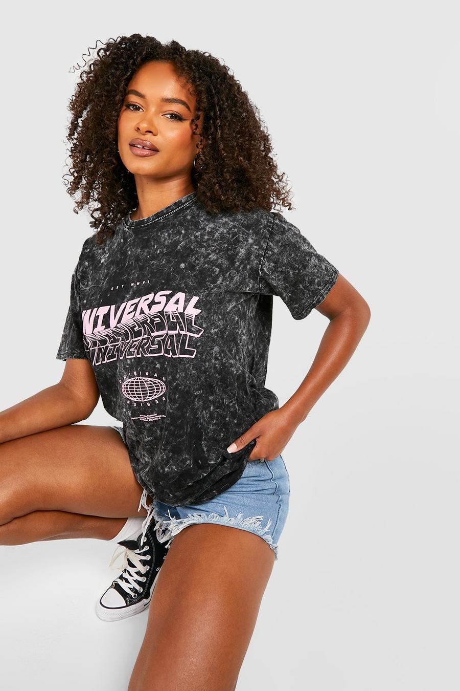 Tall - T-shirt surteint à slogan Universal, Acid wash black