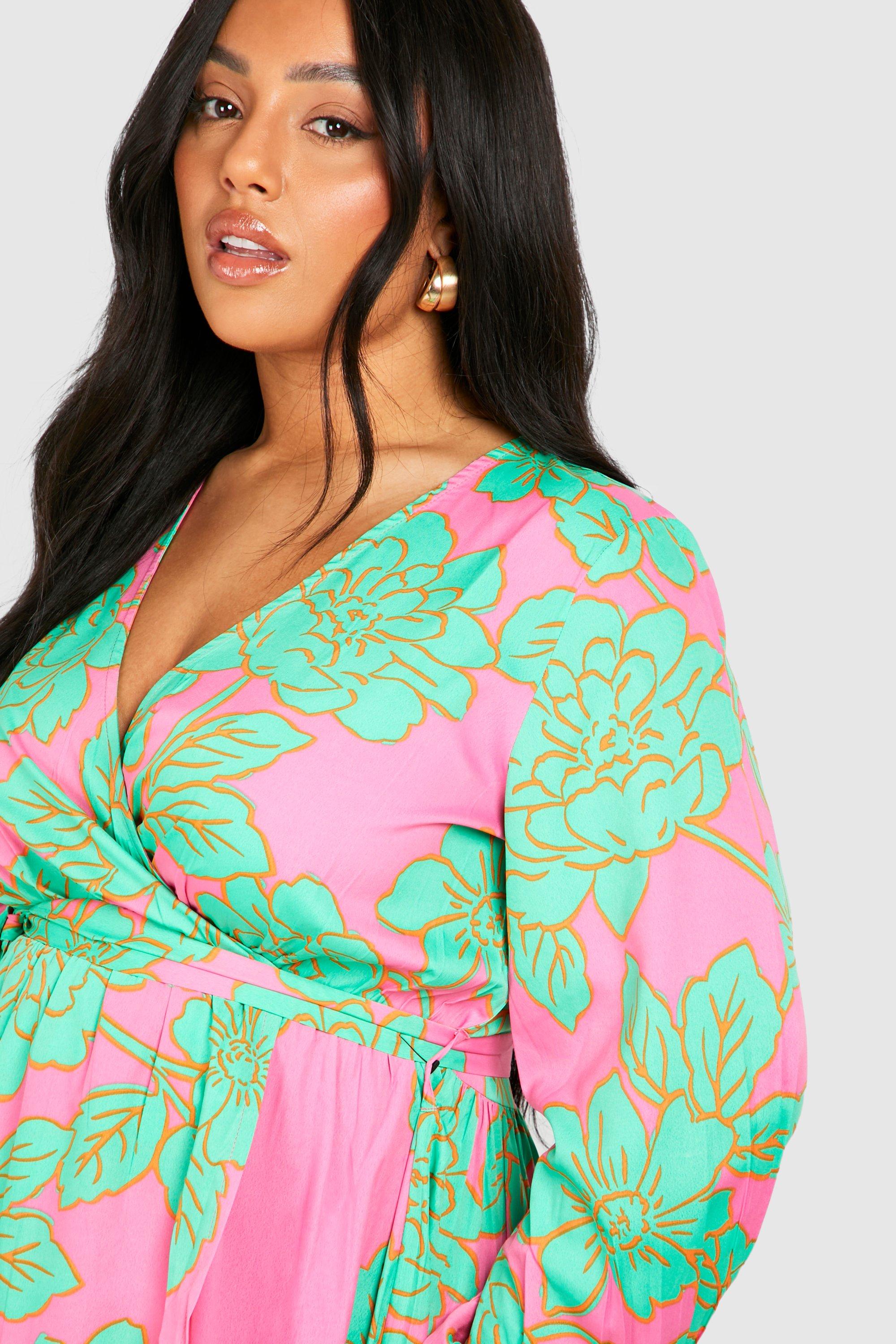 Plus Satin Floral Wrap Dress