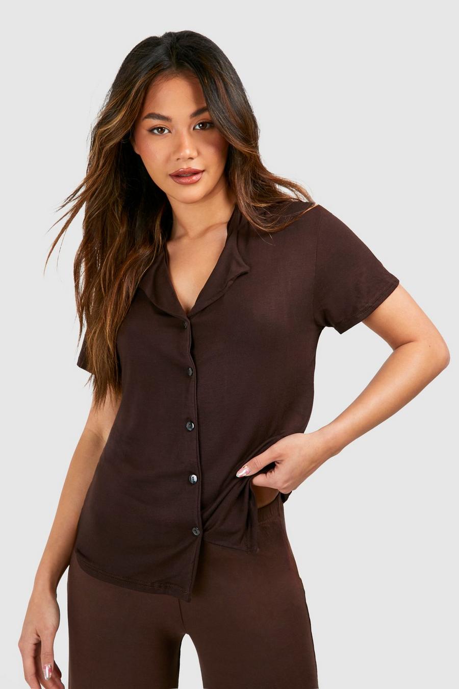 Camicia pigiama in jersey a maniche corte con bottoni, Chocolate image number 1