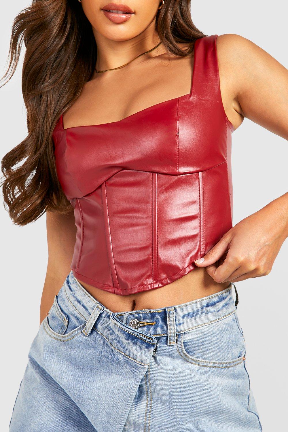 Burgundy Tall Pu Square Neck Boning Detail Corset