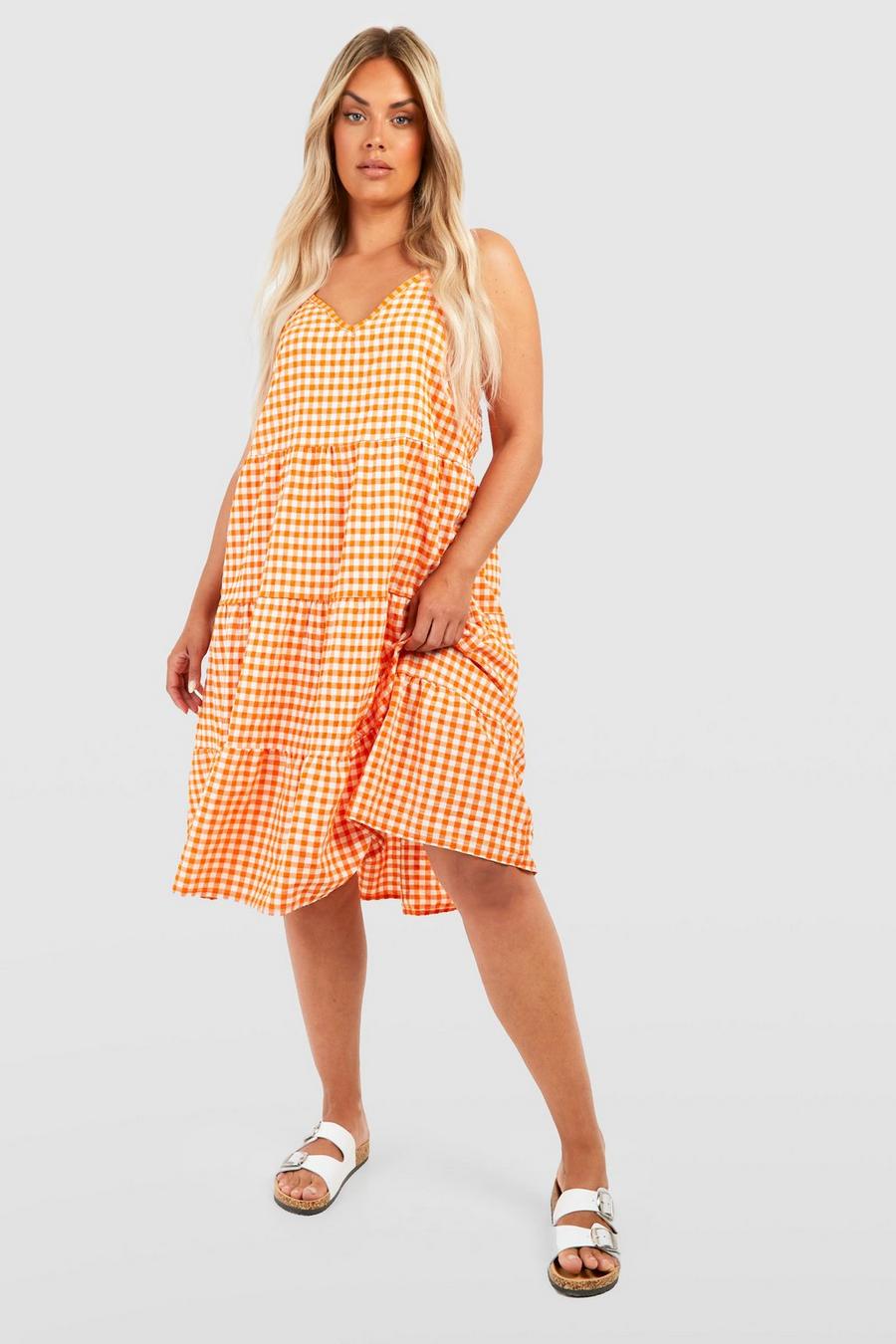 Orange Plus Textured Gingham Tiered Smock Dress image number 1