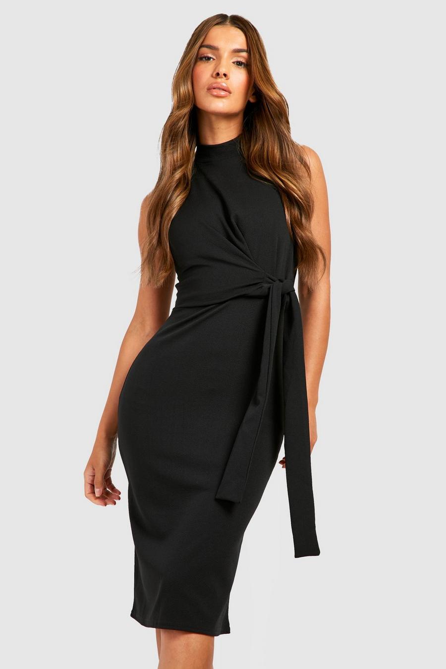 Black Crepe Tie Waist Midi Dress image number 1