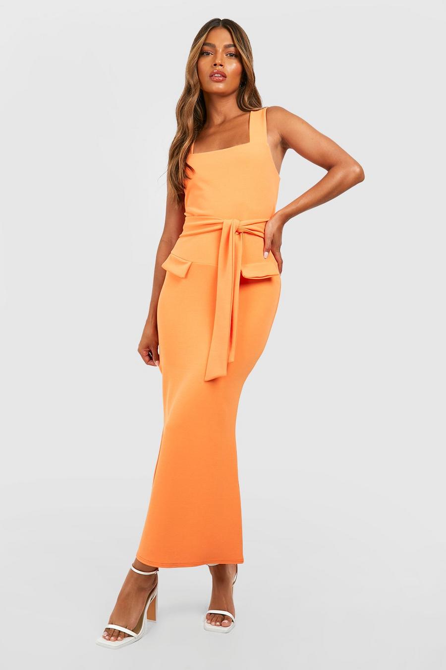 Orange Crepe Square Neck Belted Flared Midi Dress image number 1
