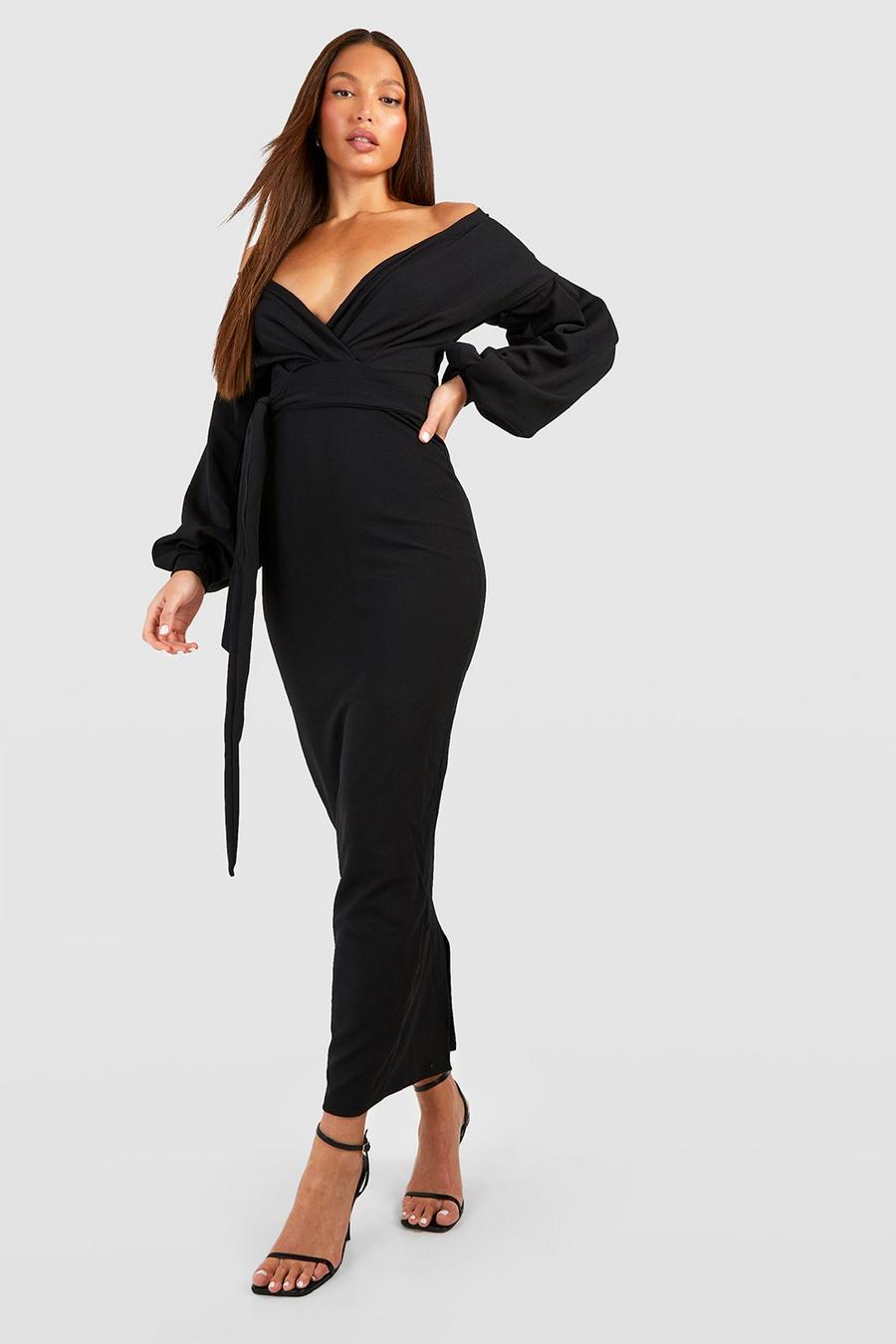 Black Tall Off The Shoulder Wrap Maxi Bodycon Dress image number 1