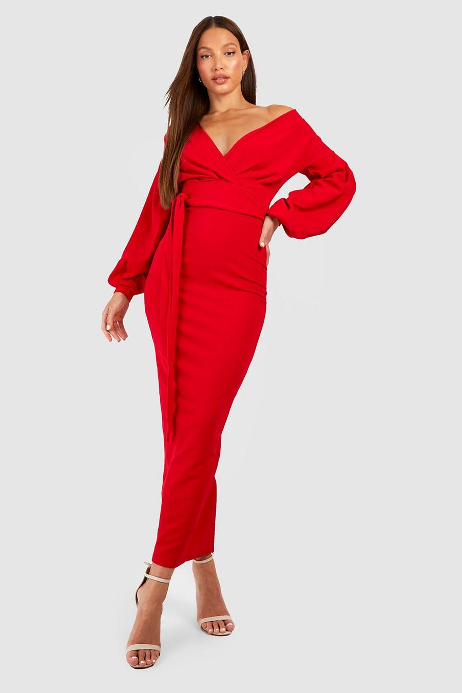 Red Tall Off The Shoulder Wrap Maxi Bodycon Dress image number 1