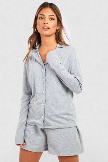 Jersey Long Sleeve Button Up Pj Shirt grey marl