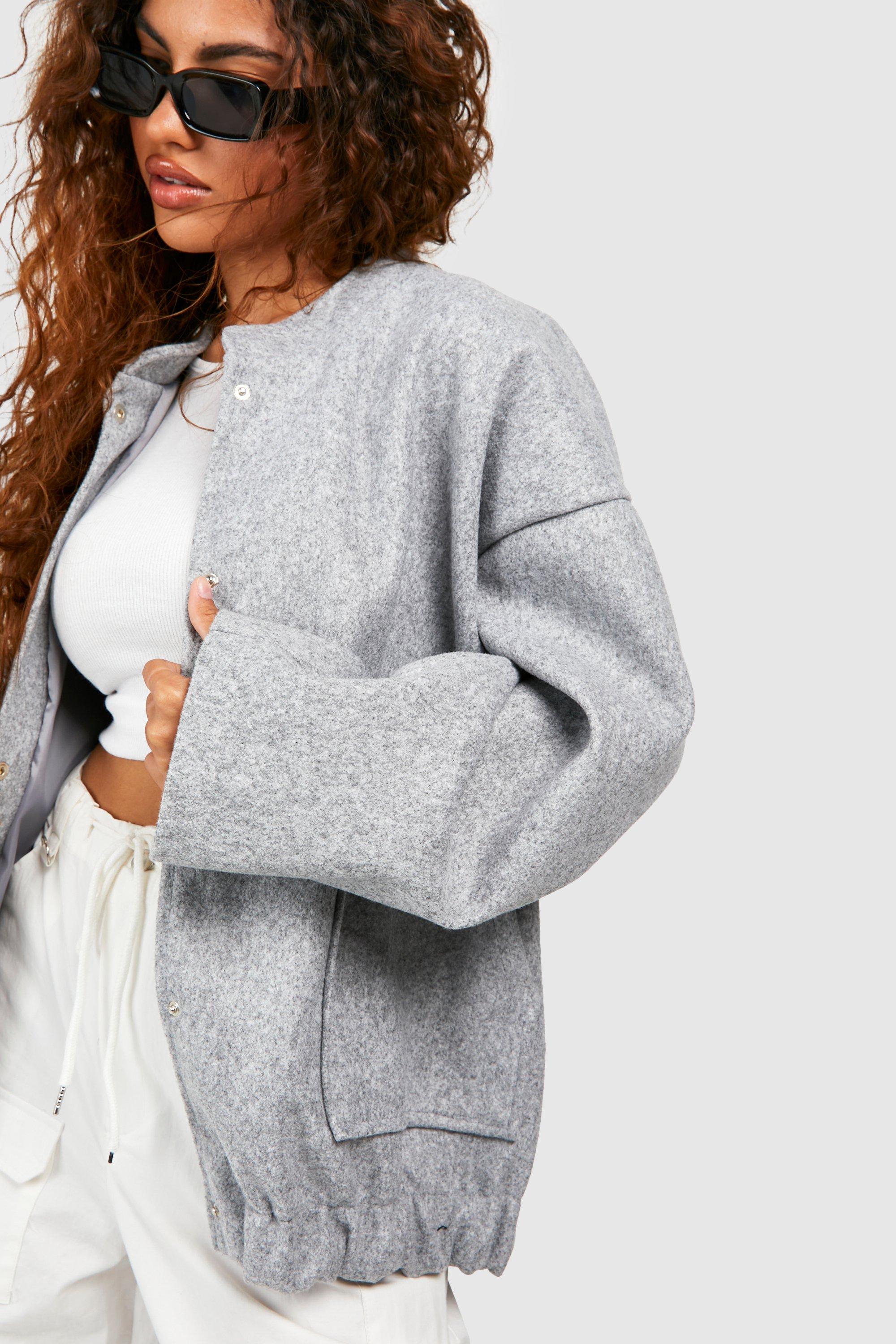 Petite Wool Look Oversized Bomber Jacket