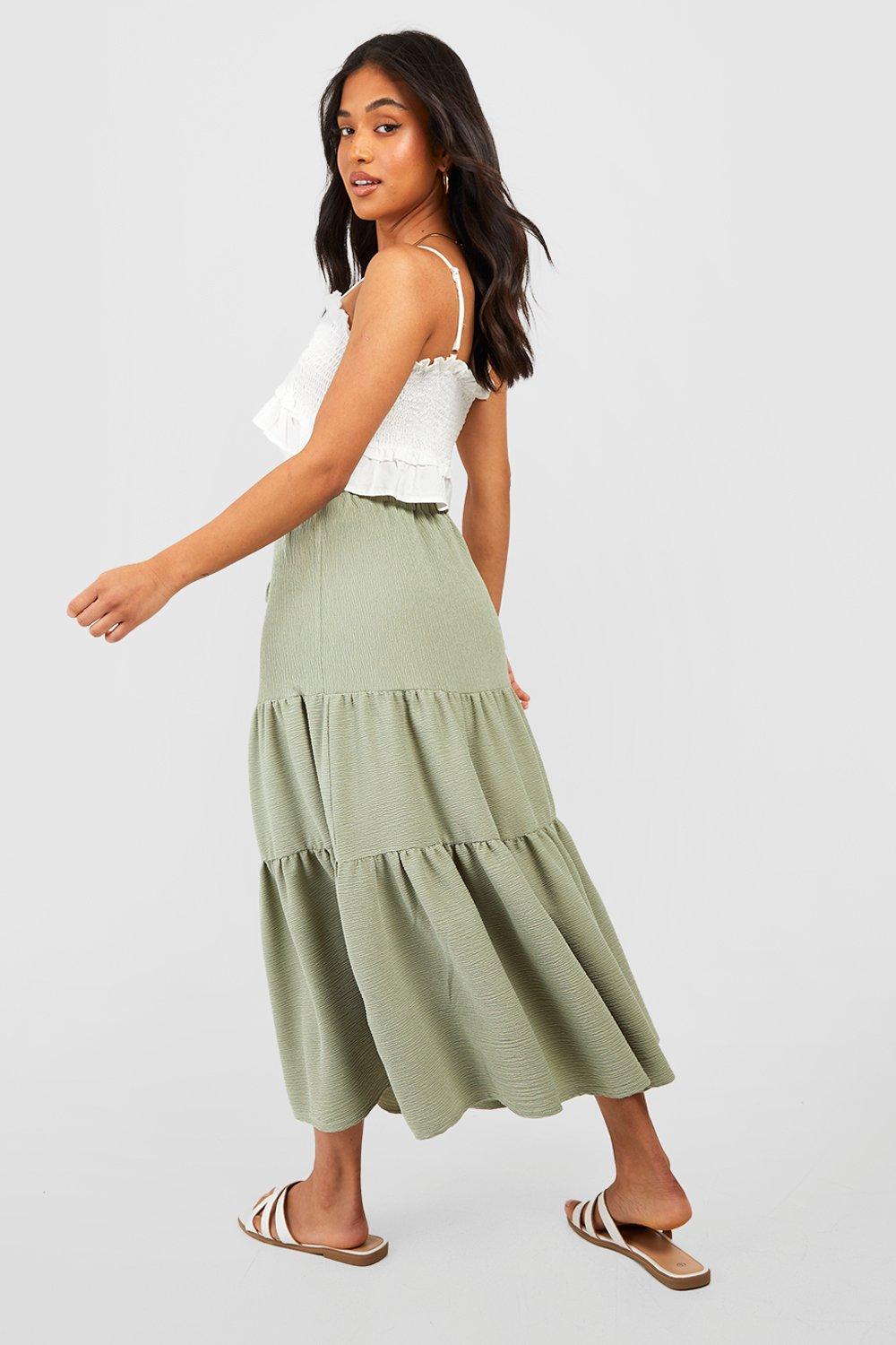 Green tiered cheap midi skirt