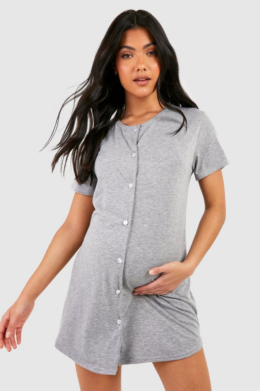 Grey marl Maternity Peached Jersey Knit Button Down Nightgown
