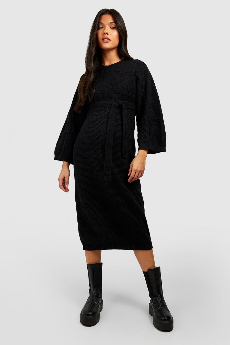 Black Maternity Cable Knit Batwing Belted Jumper Dress image number 1