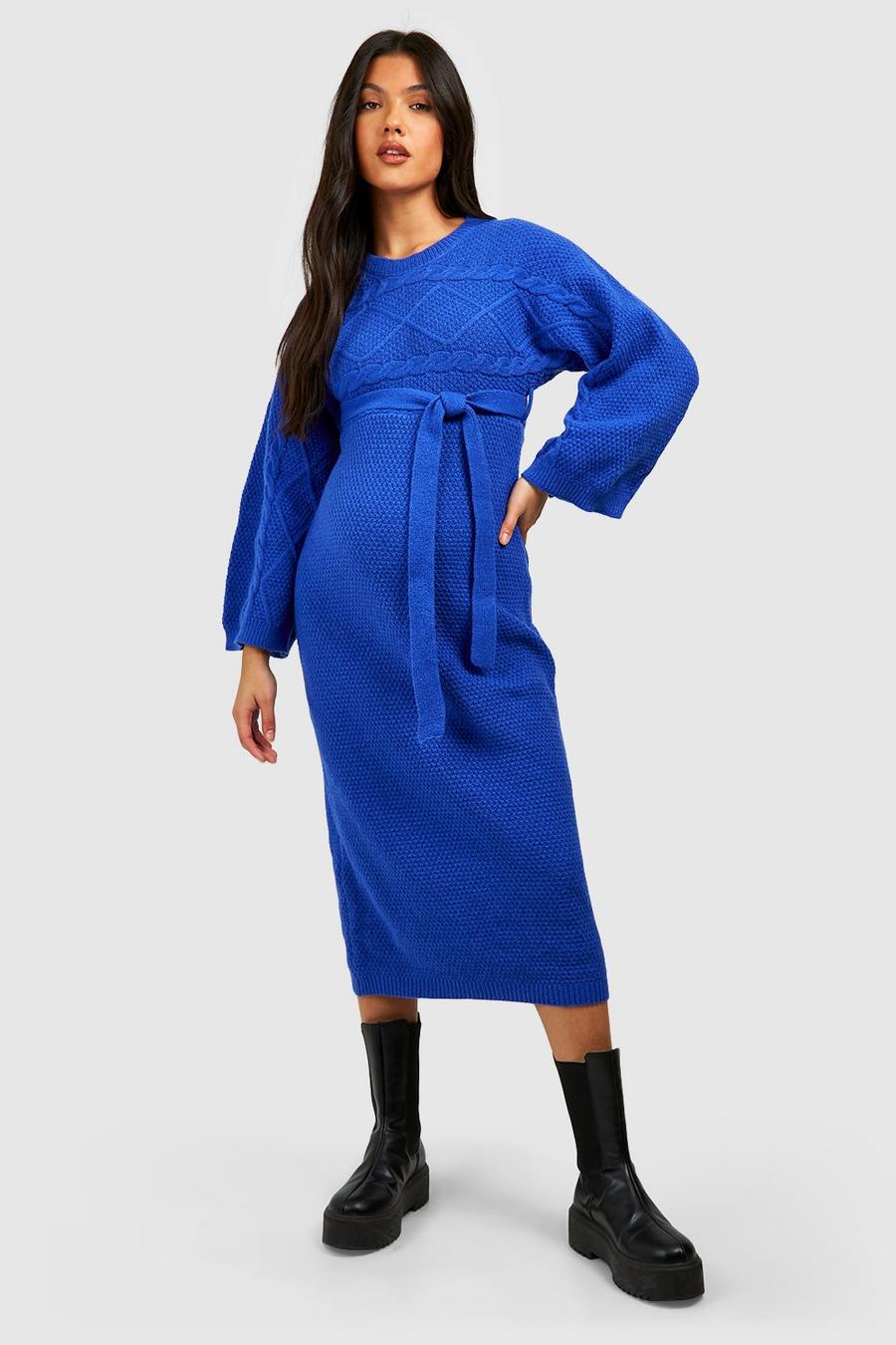 Cobalt blue Maternity Cable Knit Batwing Belted Sweater Dress