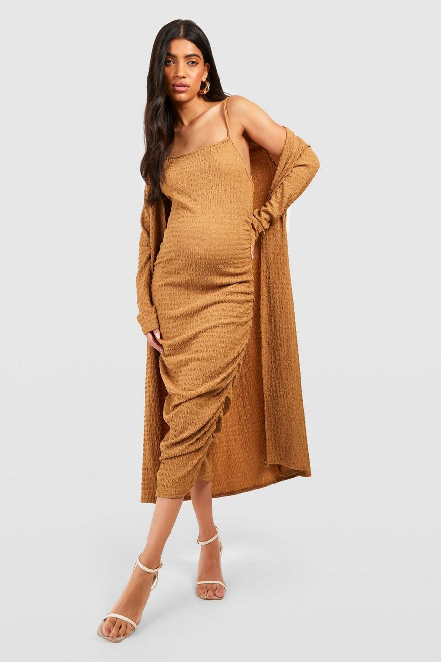 Mocha beige Maternity Textured Strappy Dress And Duster Coat image number 1