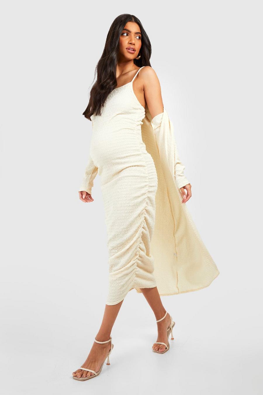 Stone Maternity Textured Strappy Dress And Duster Coat