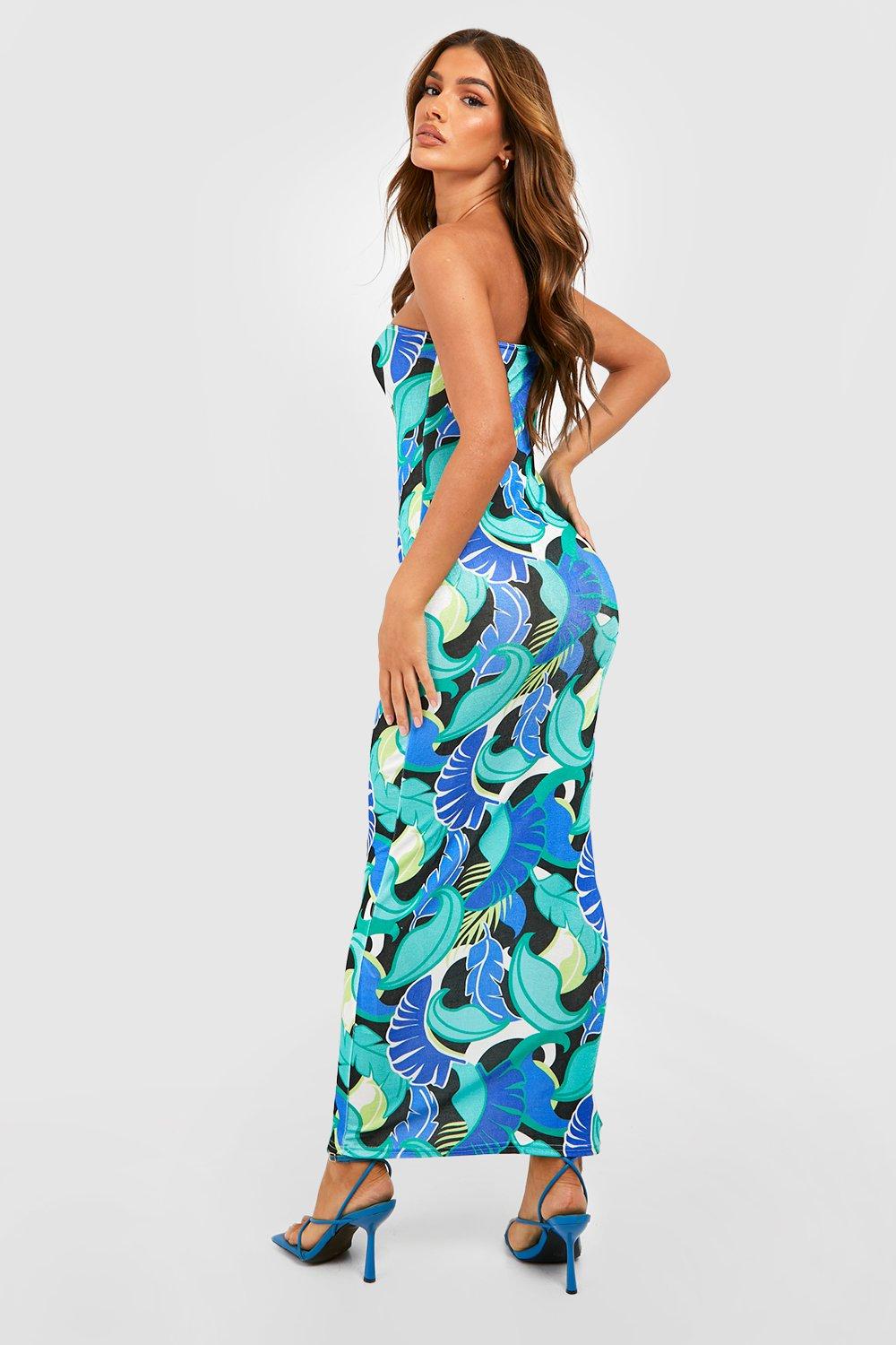 Hawaiian Print Acetate Slinky Bandeau Maxi Dress