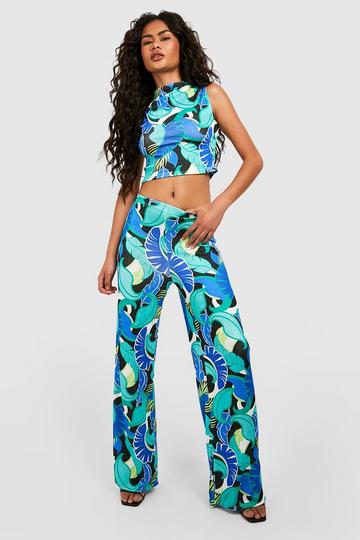 Blue Hawaiian Print Acetate Slinky Wide Leg Pants