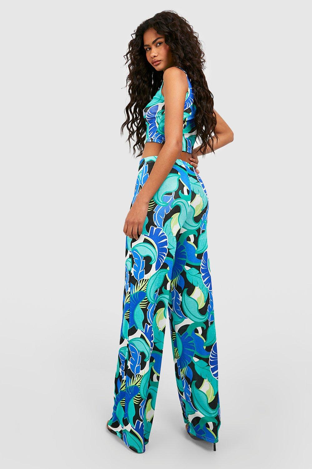 Hawaiian Print Acetate Slinky Wide Leg Pants