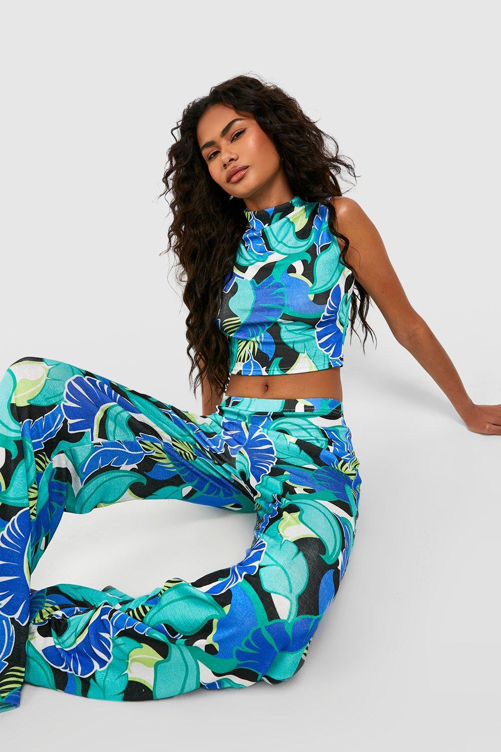 Multicolor Tropical Leafy Print Belted Wide Leg Pants