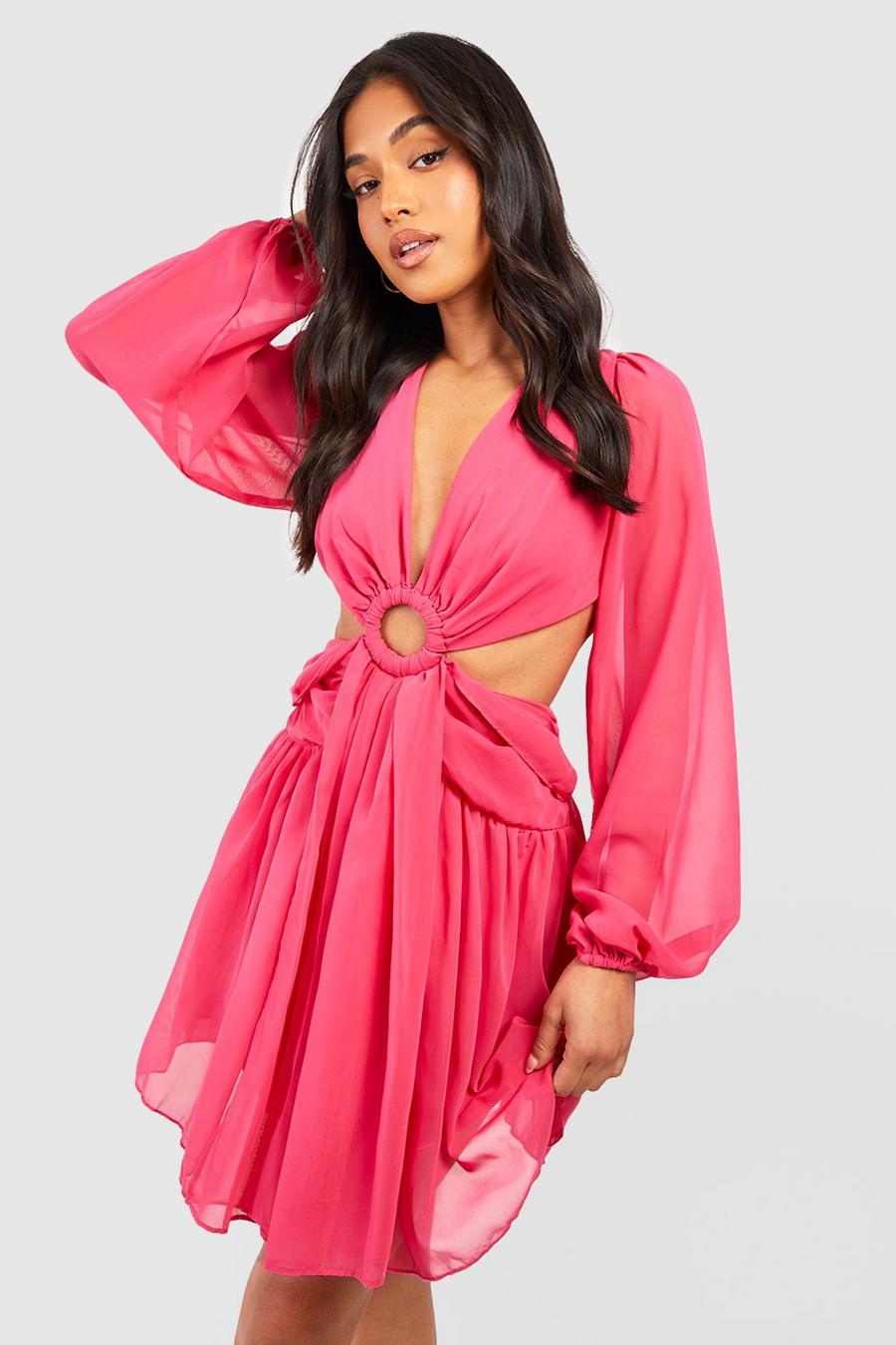 Hot pink Petite Chiffon Ring Detail Cut Out Skater Dress image number 1