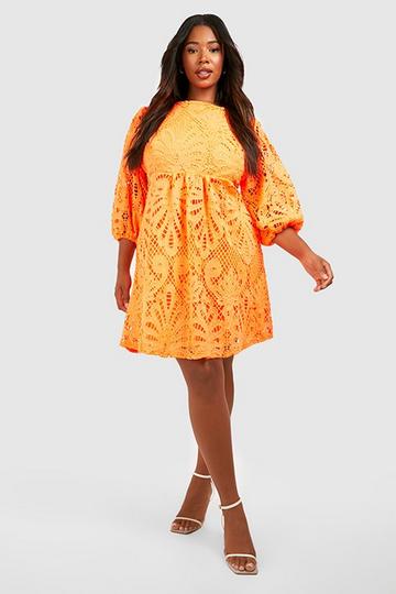 Plus Premium Lace Puff Sleeve Smock Dress orange