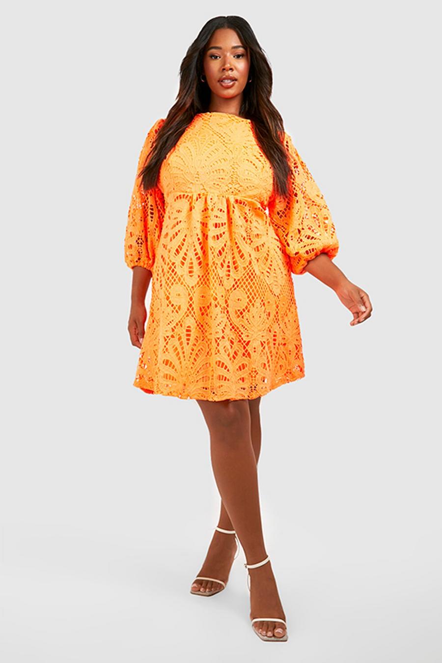 Orange Plus Premium Lace Puff Sleeve Smock Dress