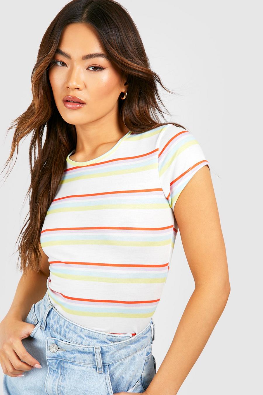 White Multi Stripe Fitted T-shirt image number 1