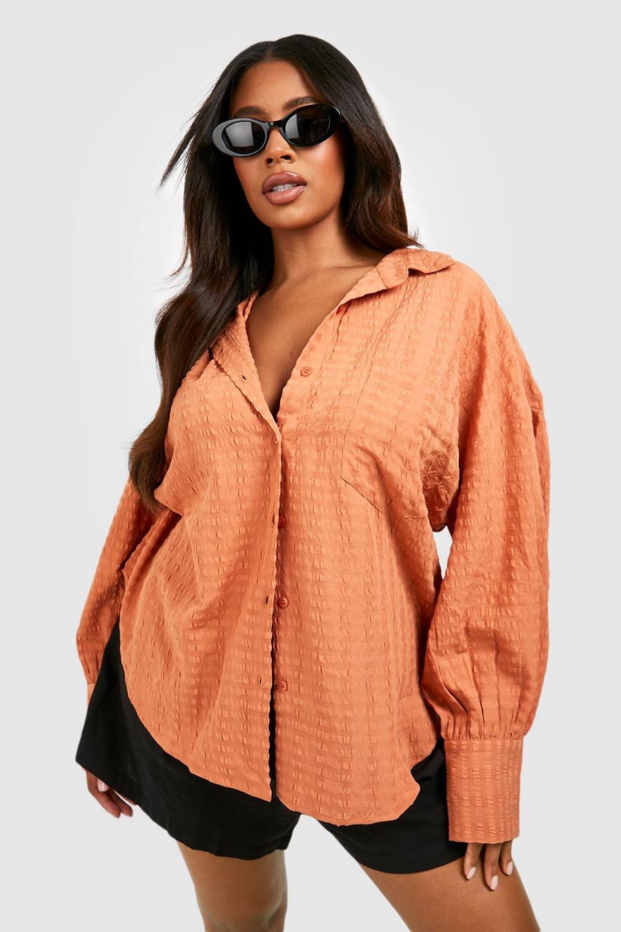 Brown Plus Textured Woven Oversized Shirt image number 1