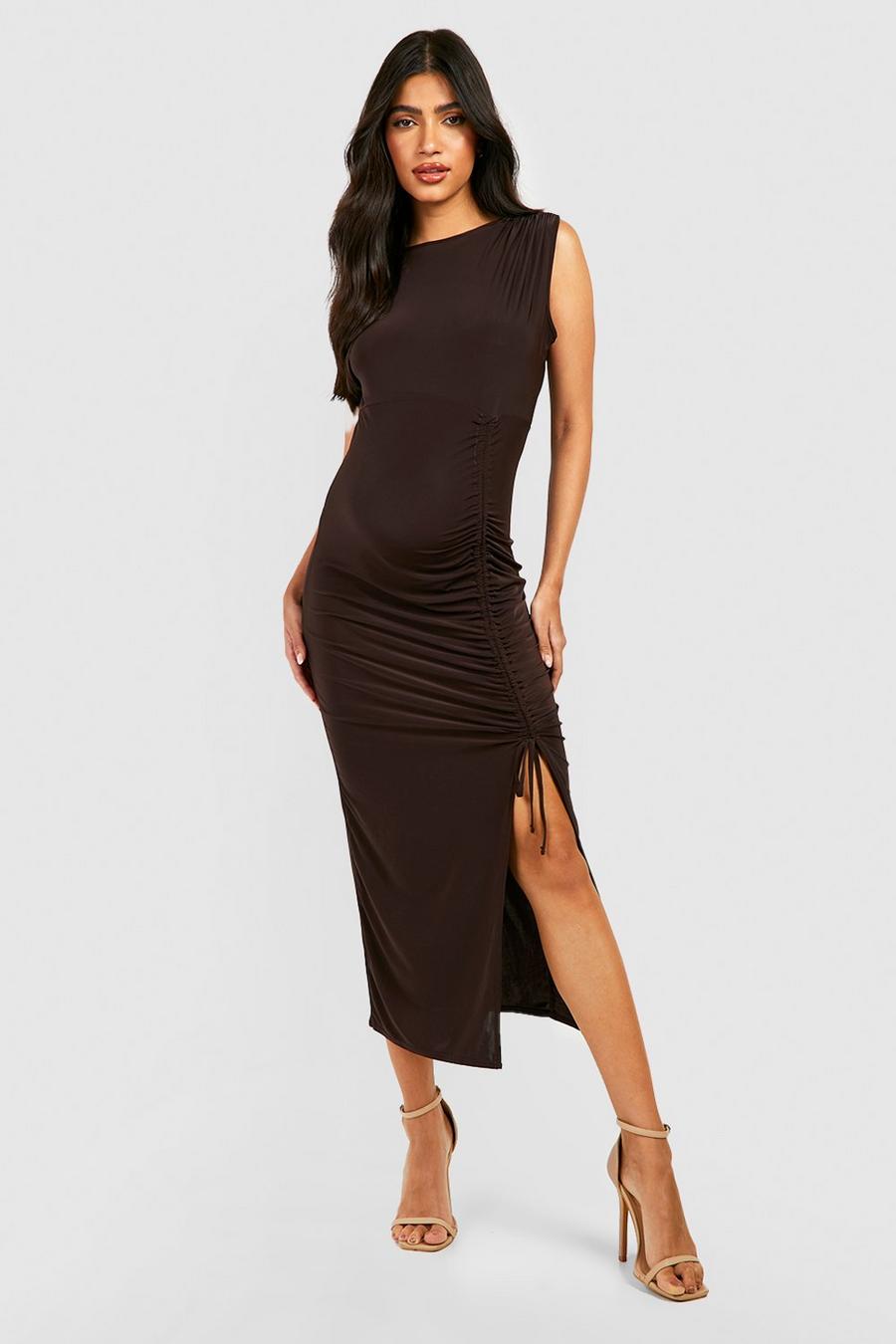 Brown Maternity Jersey Knit Ruched Front Midi Dress
