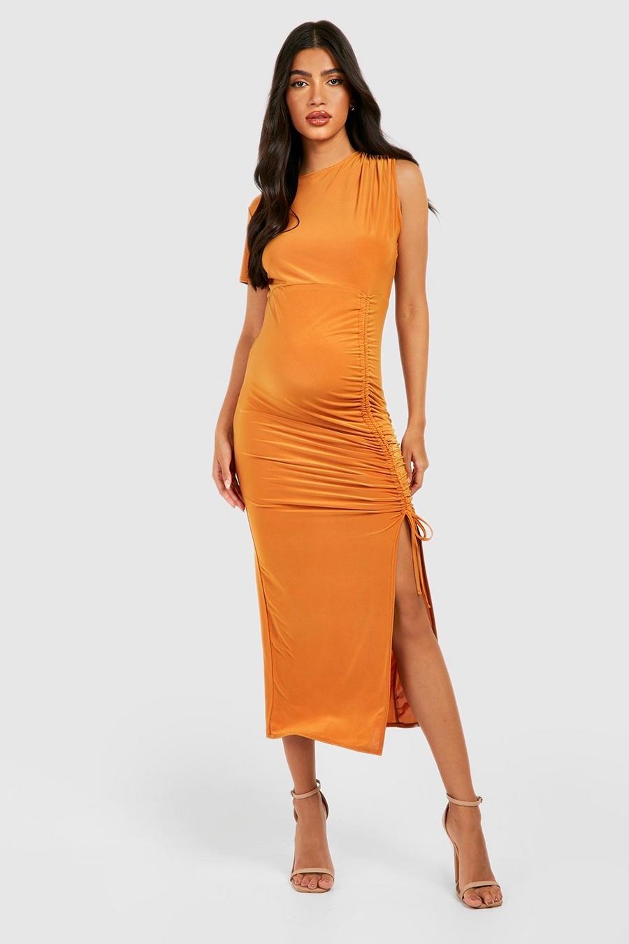 Mustard Maternity Jersey Knit Ruched Front Midi Dress image number 1