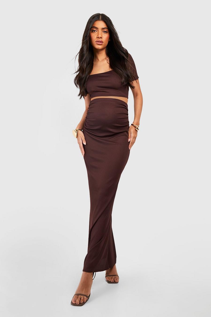 Brown Maternity T-shirt Crop & Maxi Skirt Co-ord image number 1