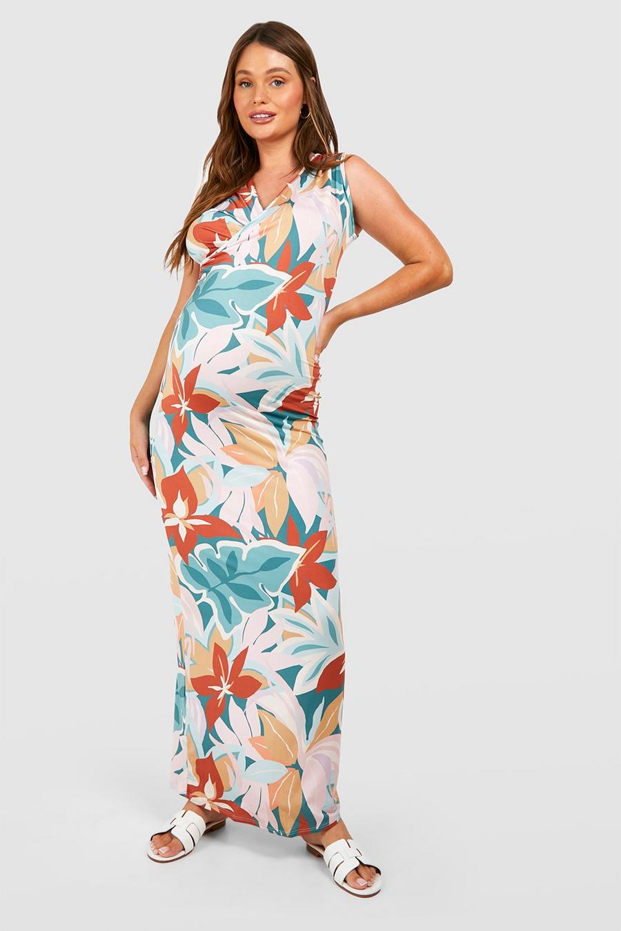 Multi Maternity Floral Wrap Front Maxi Dress image number 1