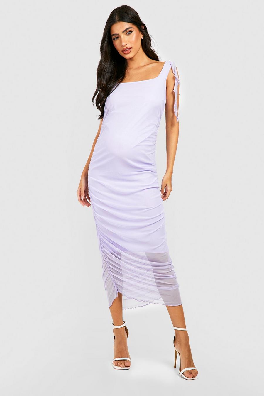 Lilac Maternity Ruffle Ruched Mesh Midi wrap dress image number 1