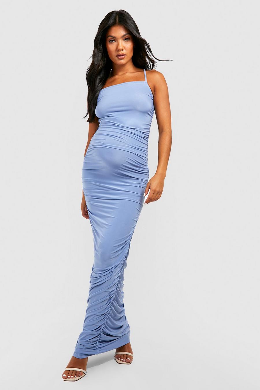 Sky blue Maternity Ruched Strappy Slinky Maxi Dress