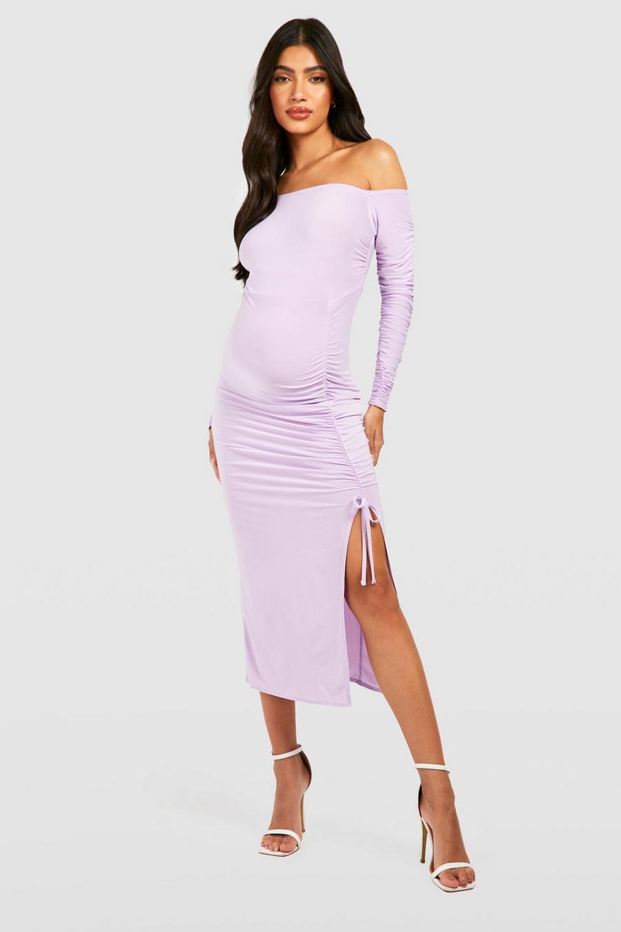 Lilac purple Maternity Ruched Slinky Midi Dress