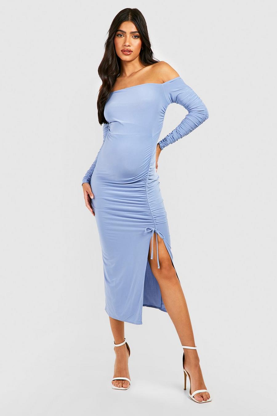 Sky blue Maternity Ruched Slinky Midi Dress