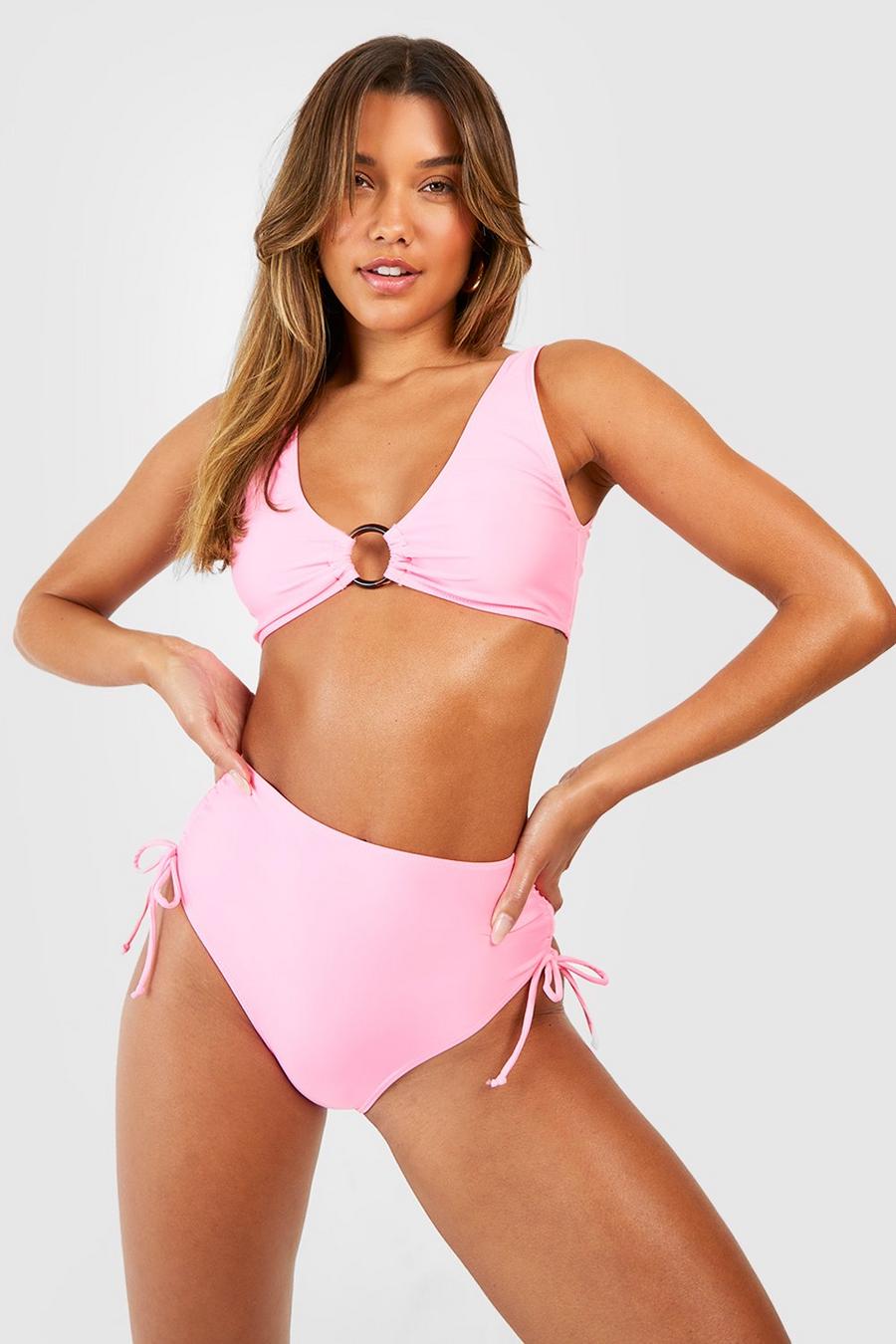 Baby pink rosa Tummy Control O-ring Ruched Bikini Set  image number 1