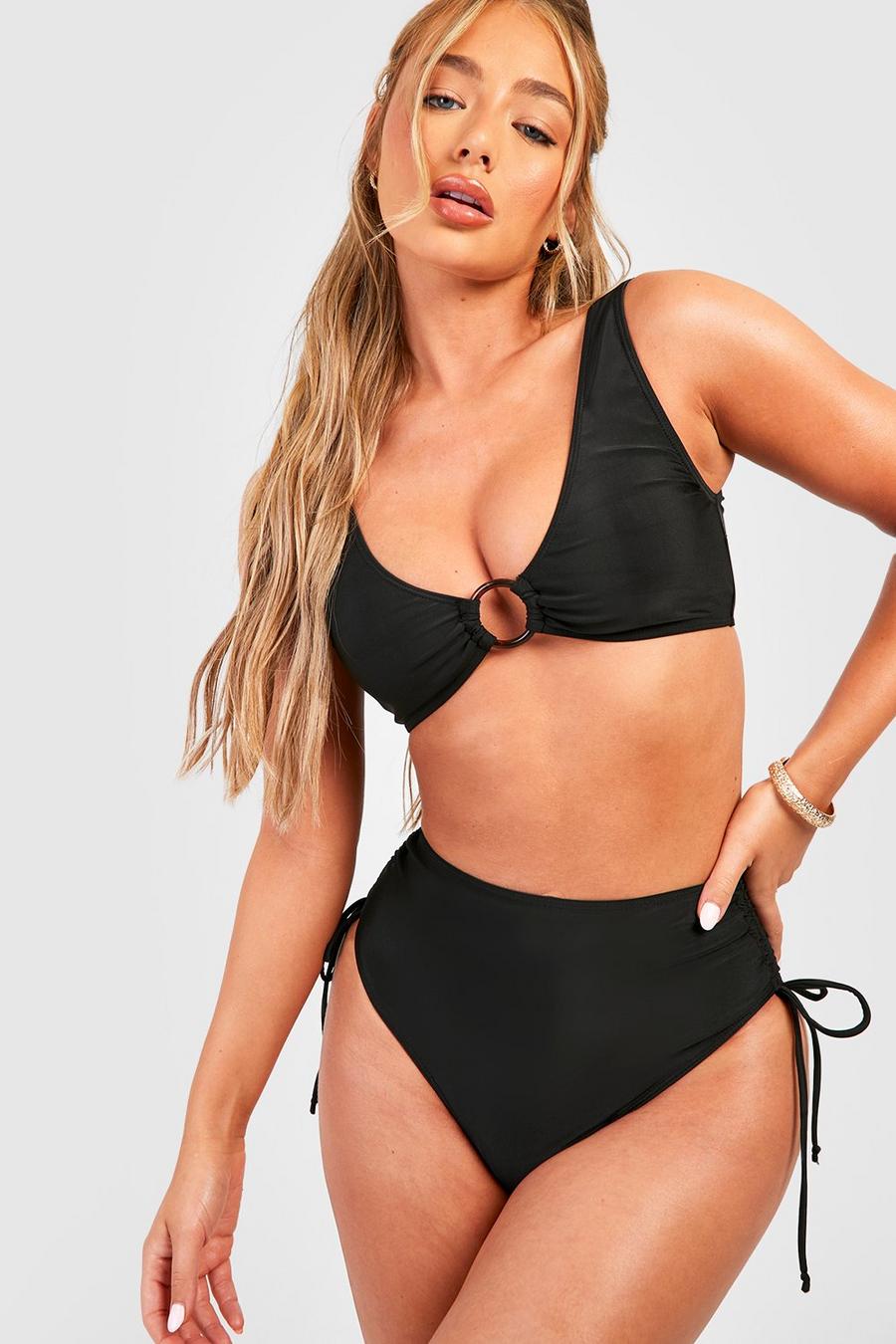 Black Geplooide Tummy Control Bikini Set Met O-Ring