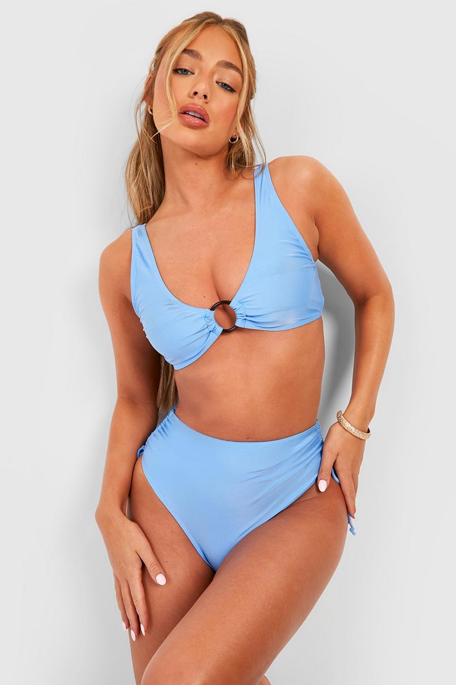 Blue Geplooide Tummy Control Bikini Set Met O-Ring