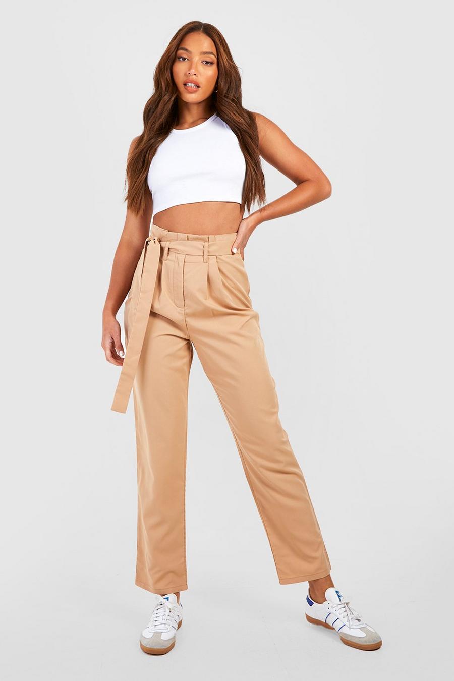 Tall schmale Hose mit Paperbag-Taille, Camel