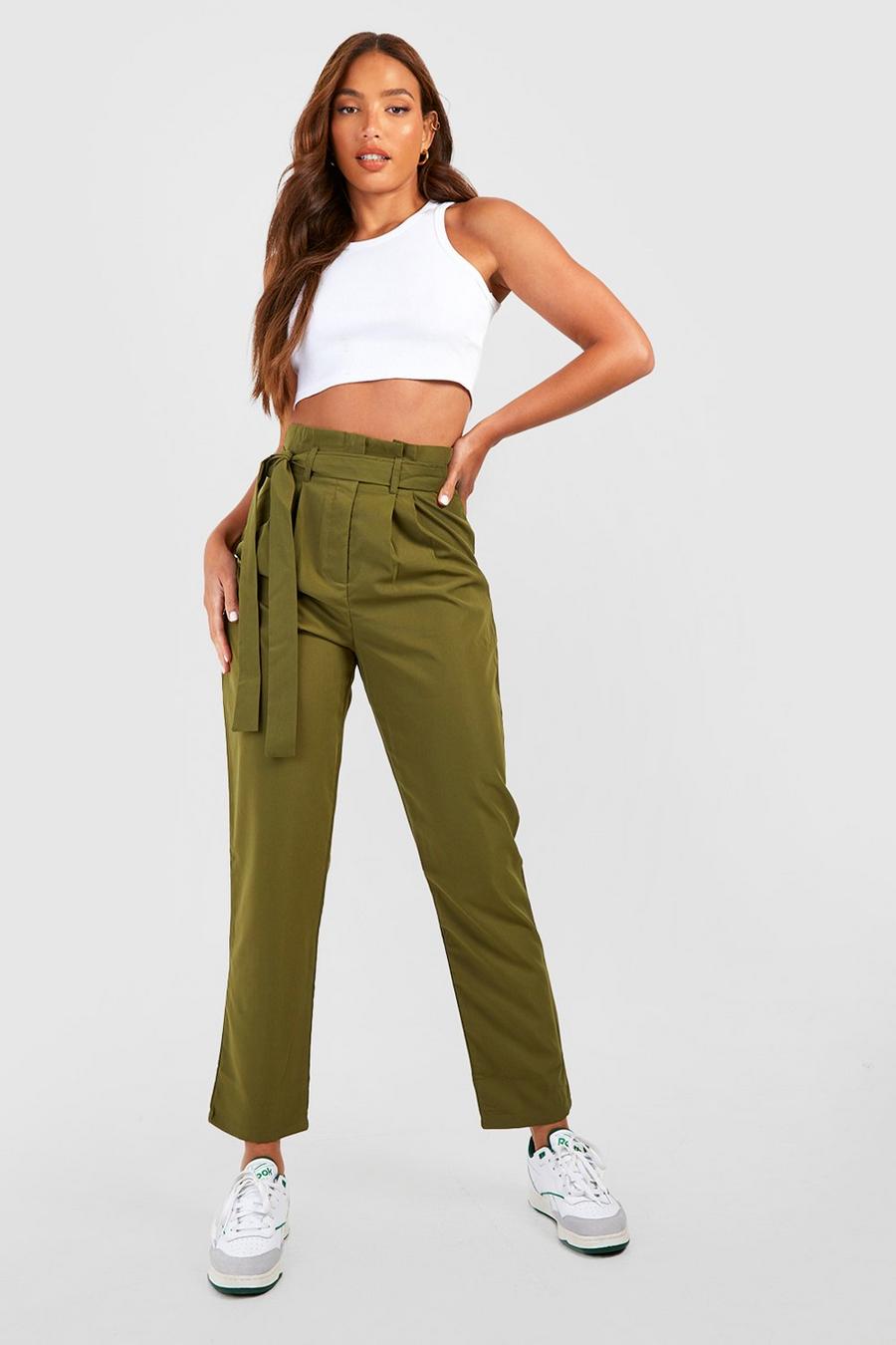 Tall schmale Hose mit Paperbag-Taille, Khaki image number 1