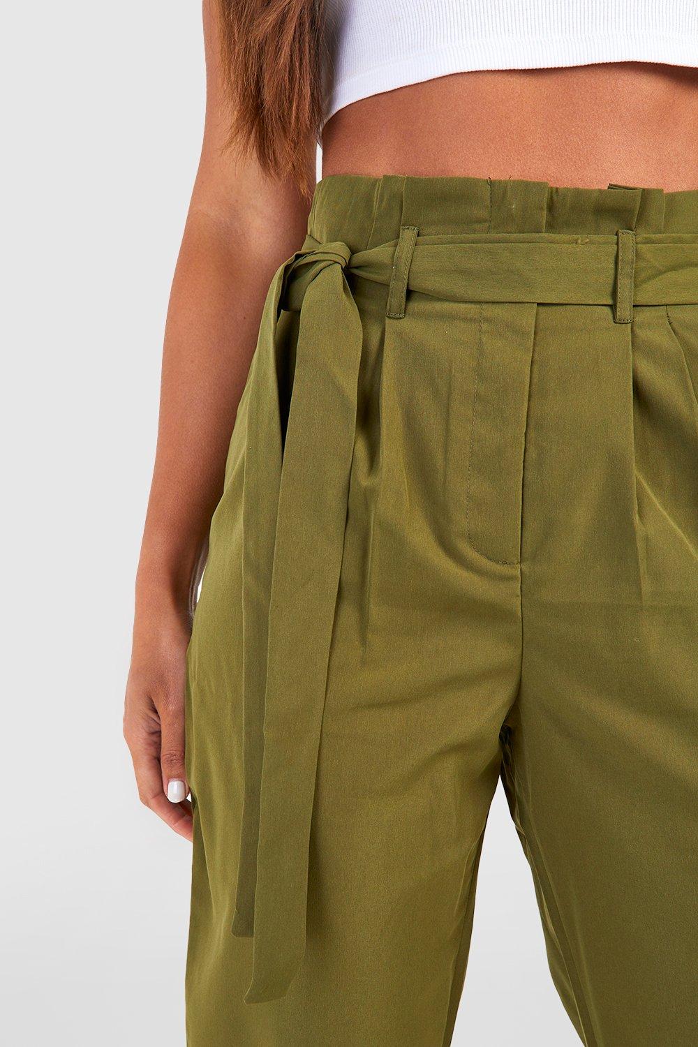 Khaki High Waist Paperbag Trousers