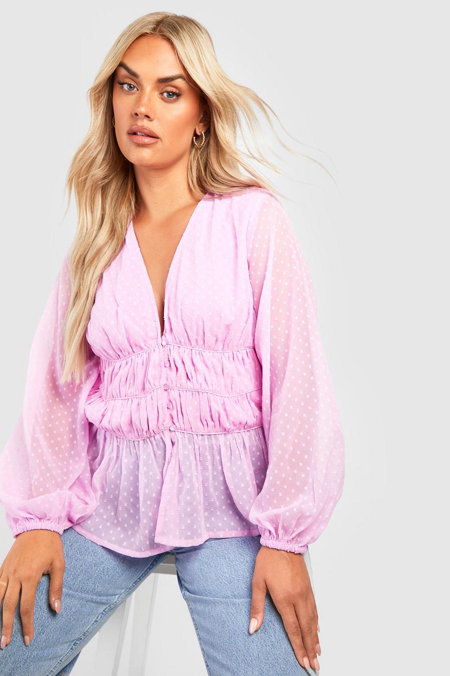 Blusa Plus Size in rete plumetis con ruches, Bright lilac image number 1